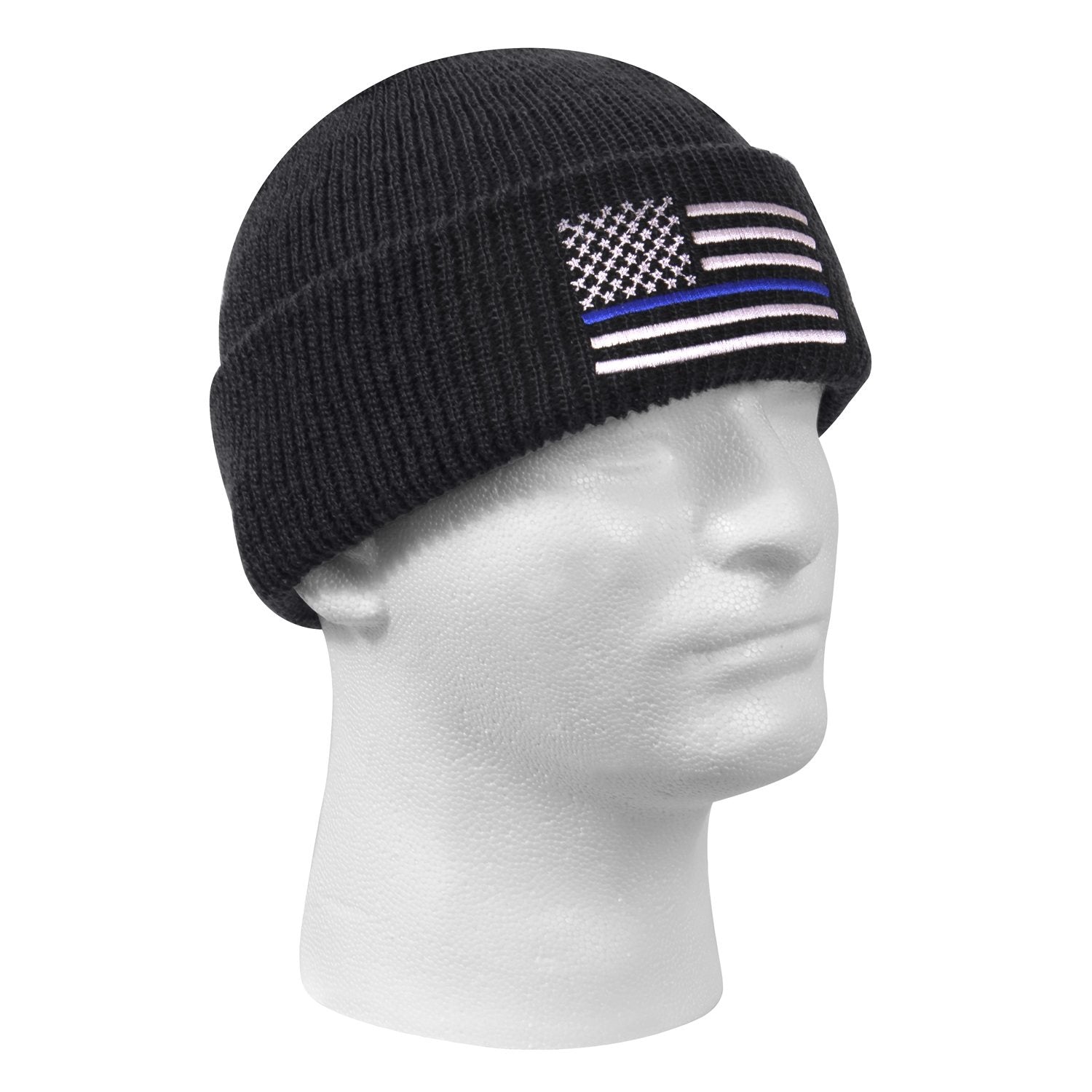 Gorro tejido negro con bandera de EE. UU. y línea azul