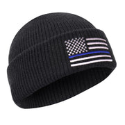 Gorro tejido negro con bandera de EE. UU. y línea azul