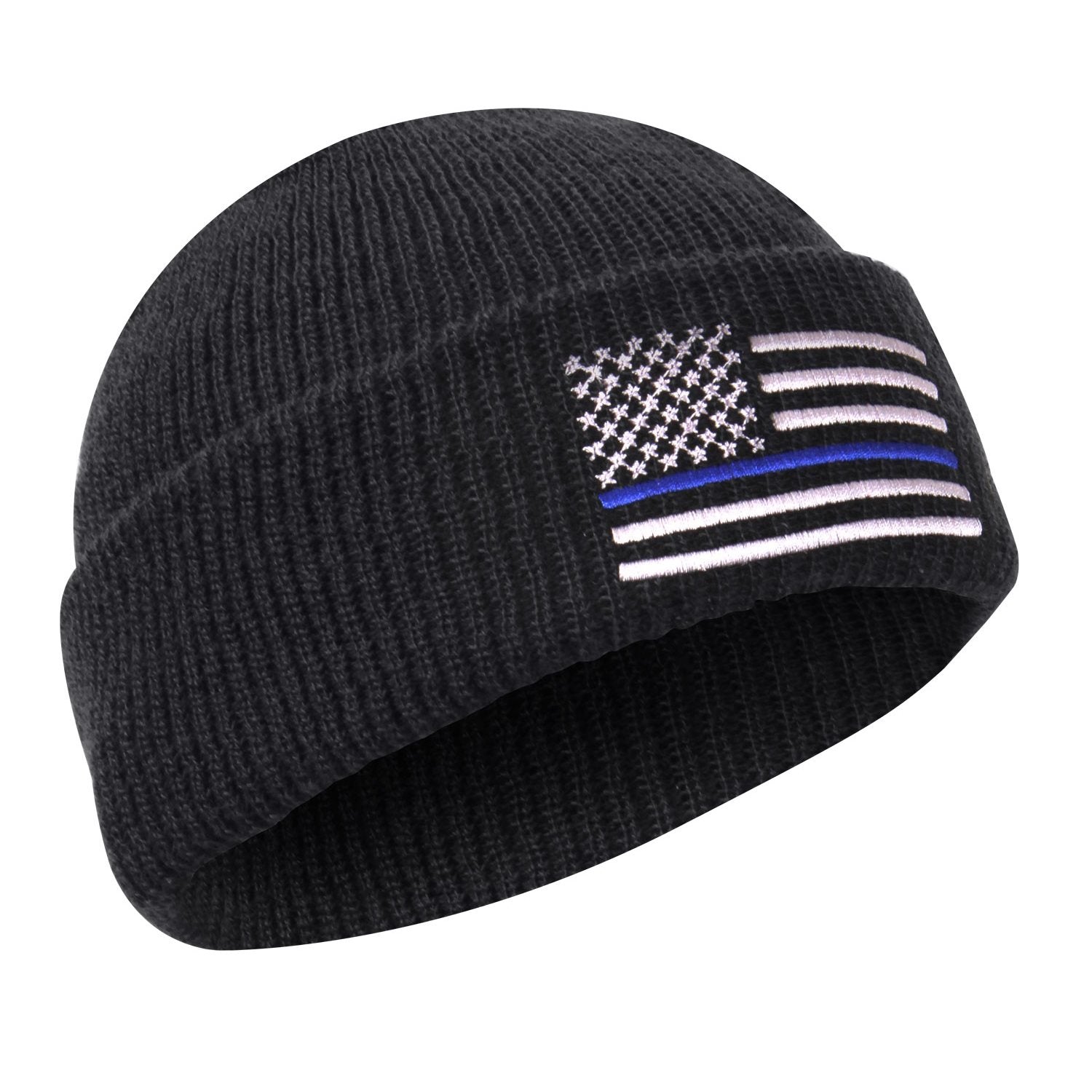 Gorro tejido negro con bandera de EE. UU. y línea azul