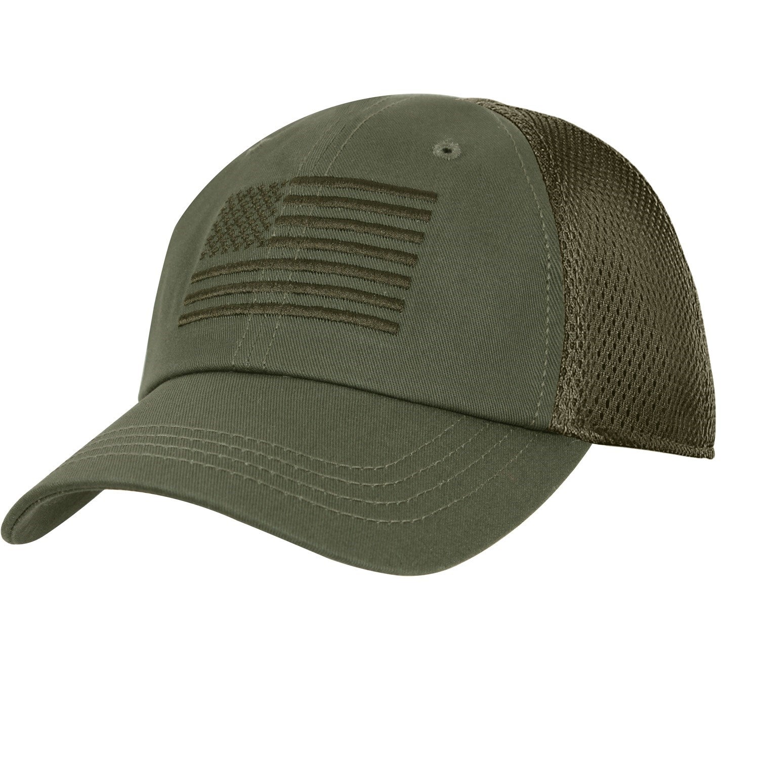 Gorra de béisbol verde con bandera de EE. UU. bordada y parte trasera de malla, talla ajustable