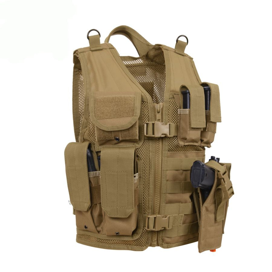 Chaleco táctico infantil negro con sistema MOLLE, cremallera y hebillas fastex, poliéster