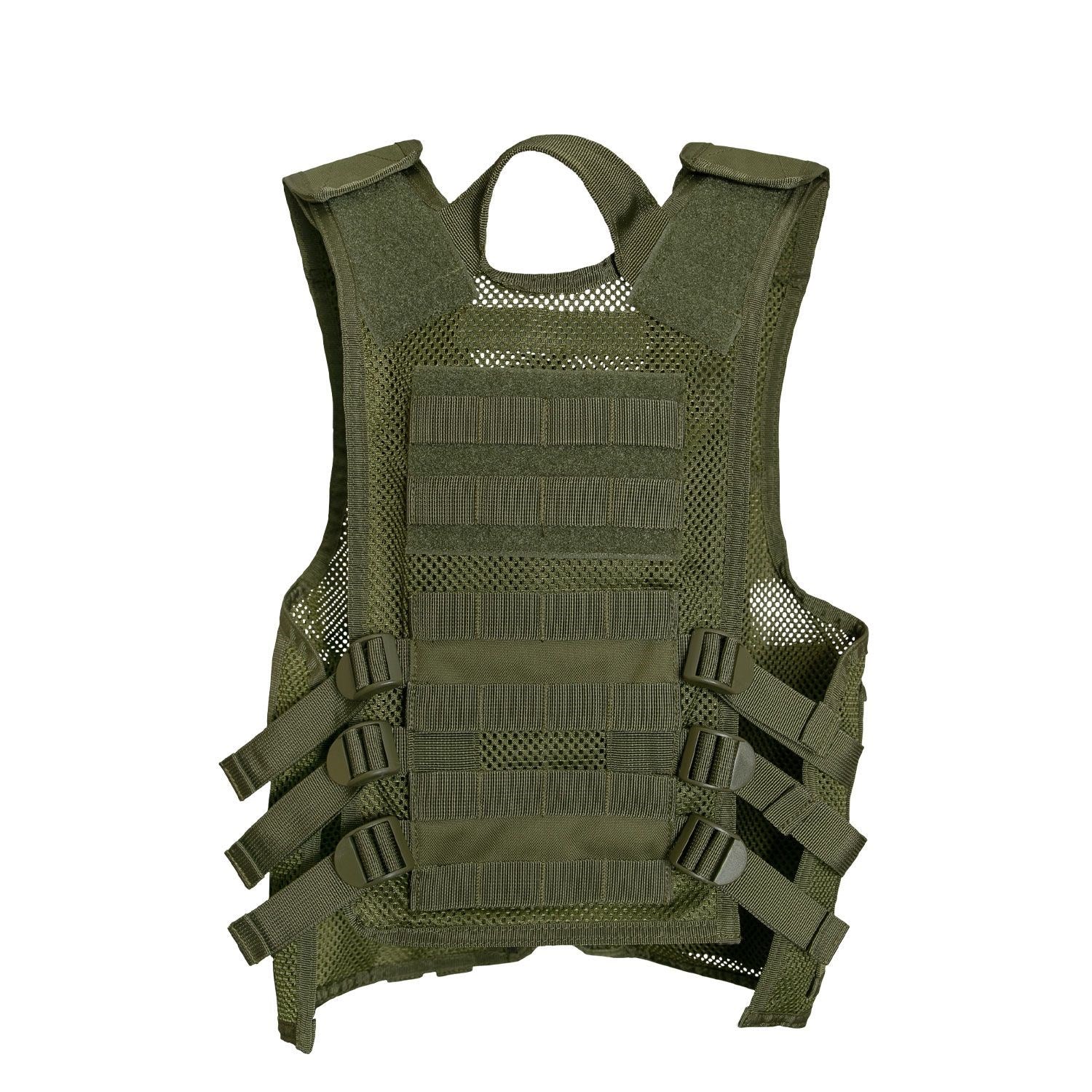 Chaleco táctico infantil negro con sistema MOLLE, cremallera y hebillas fastex, poliéster
