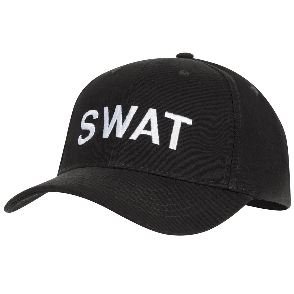 Gorra SWAT negra de béisbol con texto blanco y cierre ajustable