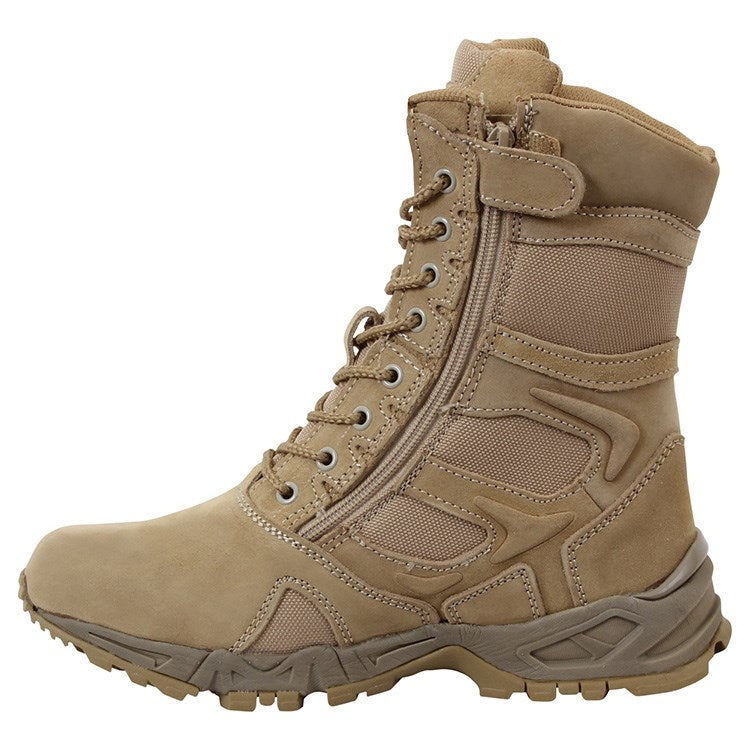 Botas tácticas DEPLOYMENT KHAKI con cremallera YKK, empeine de ante y malla transpirable, suela EVA y exterior de goma