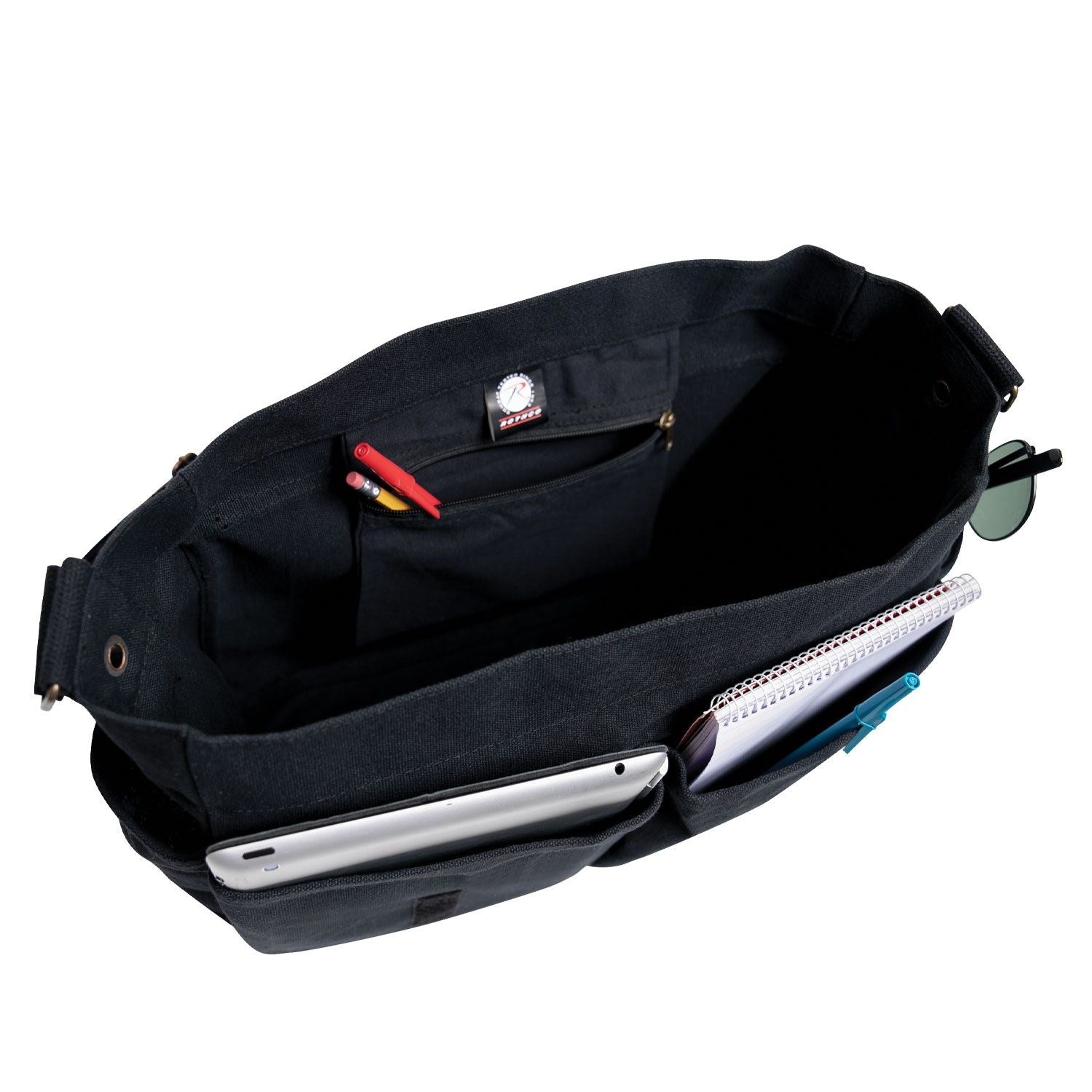 Bolso bandolera de lona negro con bandera de EE.UU., correa ajustable y varios bolsillos, 38x28x15 cm