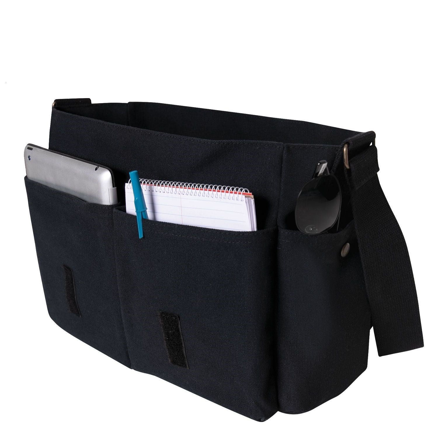 Bolso bandolera de lona negro con bandera de EE.UU., correa ajustable y varios bolsillos, 38x28x15 cm