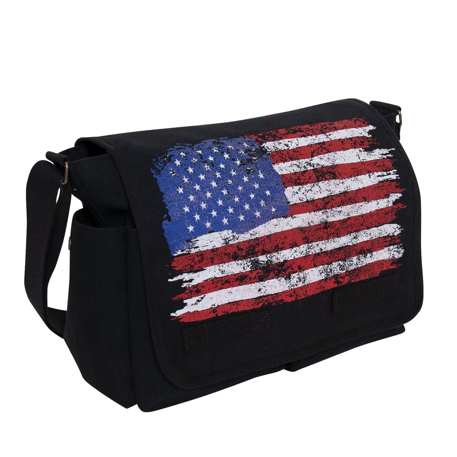 Bolso bandolera de lona negro con bandera de EE.UU., correa ajustable y varios bolsillos, 38x28x15 cm
