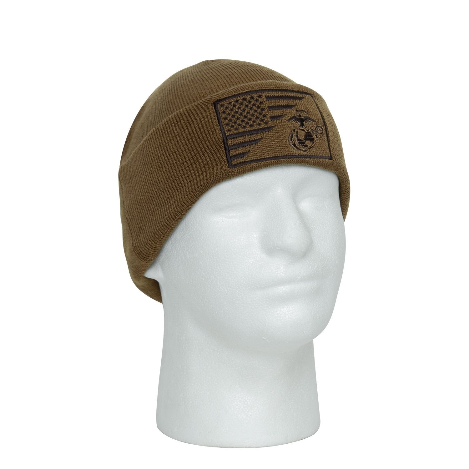 Gorro WATCH tejido color coyote con banderas de EE. UU. y USMC bordadas en la parte frontal
