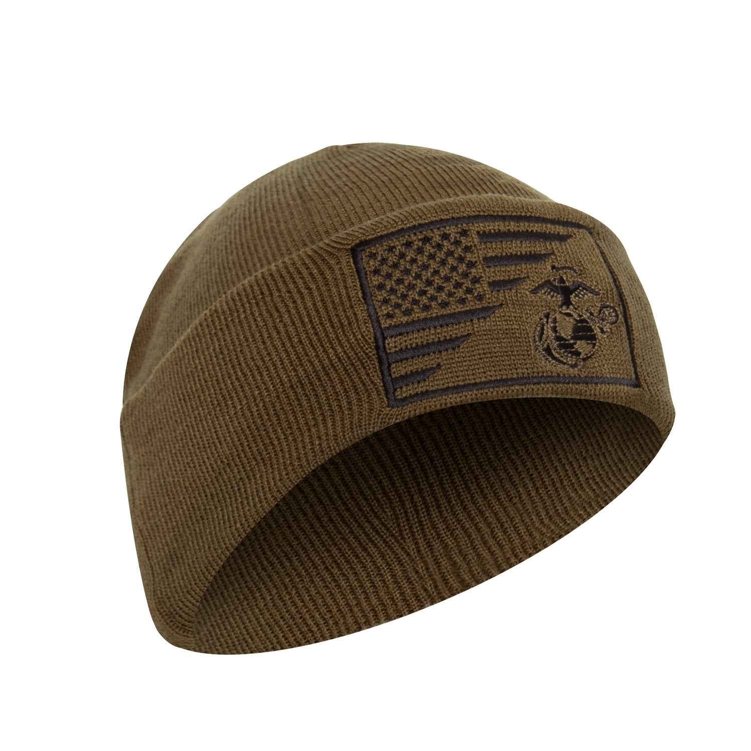 Gorro WATCH tejido color coyote con banderas de EE. UU. y USMC bordadas en la parte frontal