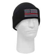 Gorro negro tejido DELUXE con bandera de EE. UU. y línea roja