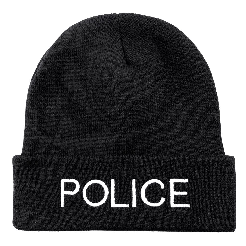 Gorro de punto negro con bordado 'POLICE'.