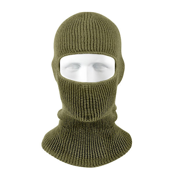 Pasamontañas tejido de color oliva con una abertura, protección para cabeza, cuello y hombros