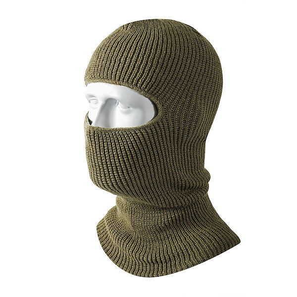 Pasamontañas tejido de color oliva con una abertura, protección para cabeza, cuello y hombros