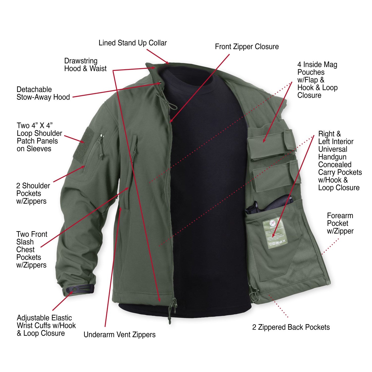 Chaqueta softshell Concealed Carry verde con capucha y bolsillos