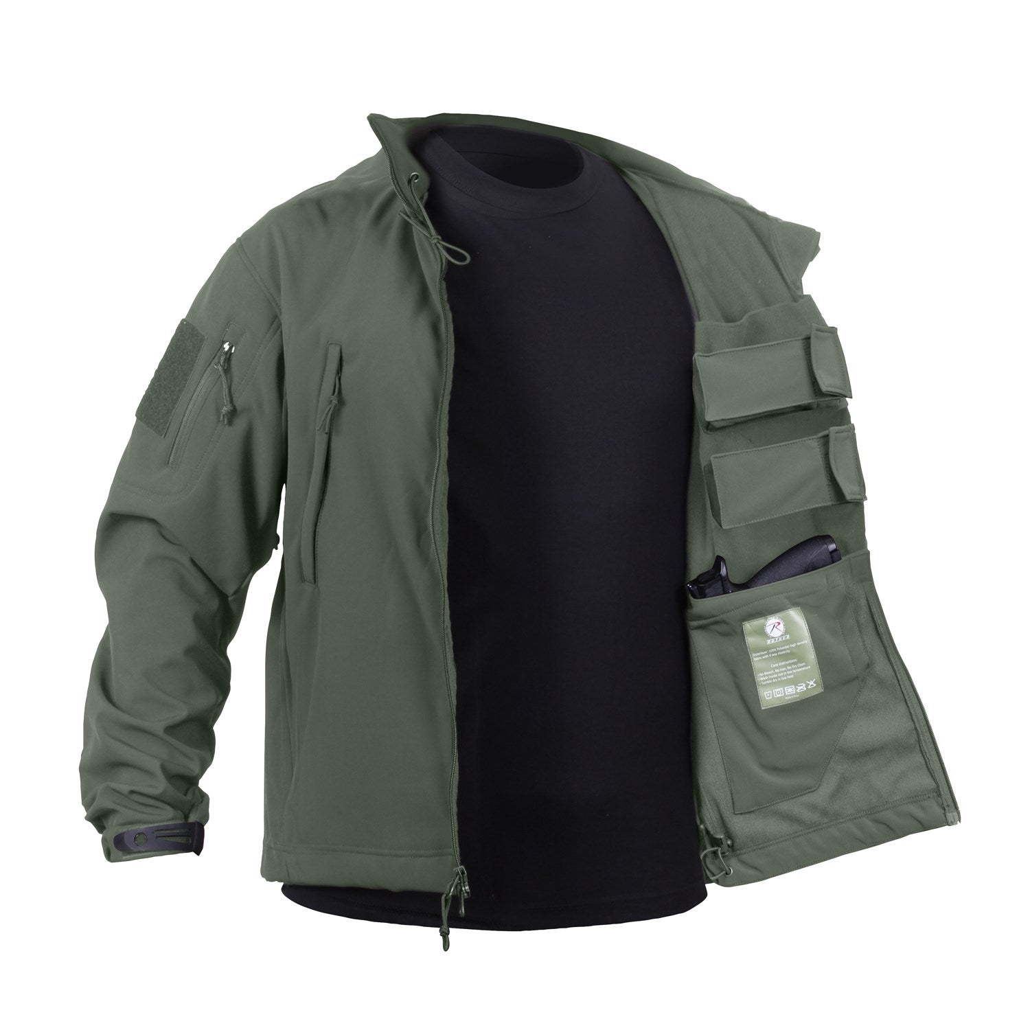 Chaqueta softshell Concealed Carry verde con capucha y bolsillos
