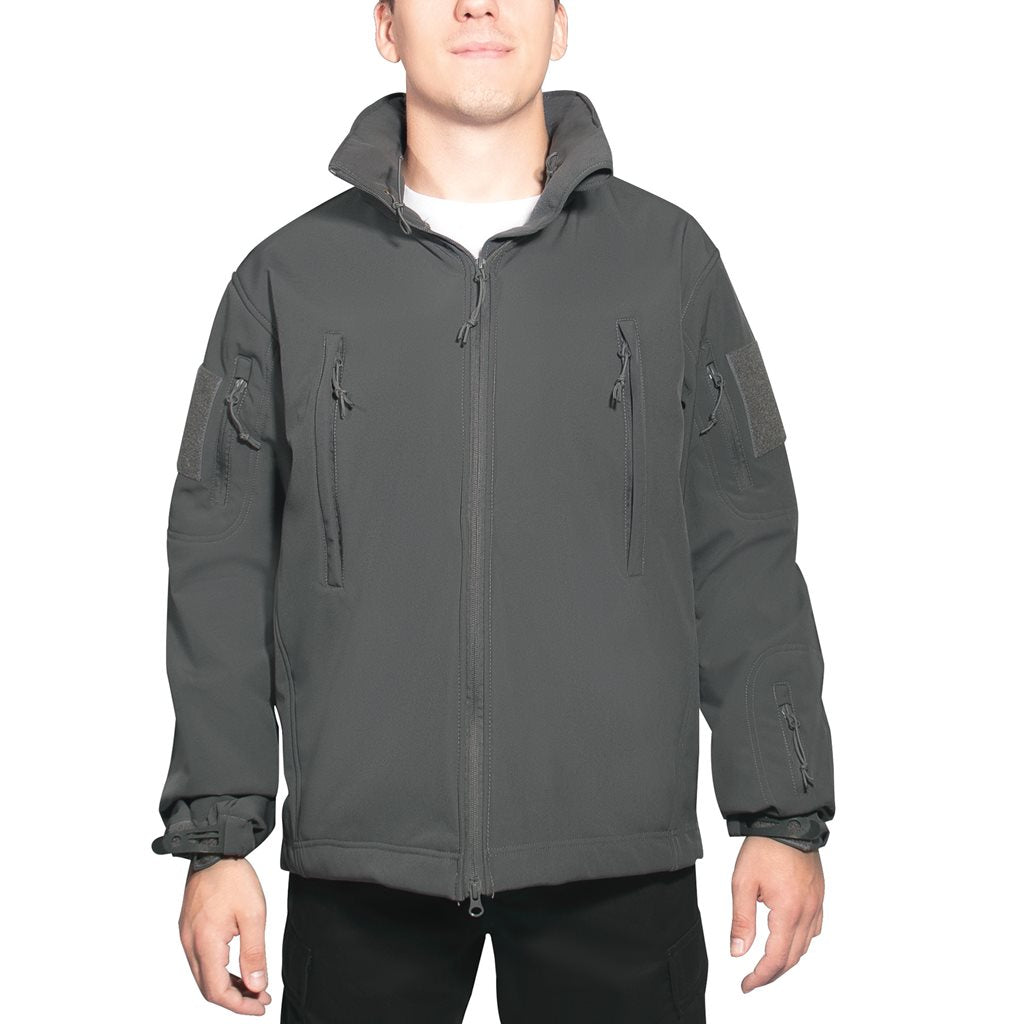 Chaqueta softshell CONCEALED CARRY gris con capucha y bolsillos, vista frontal