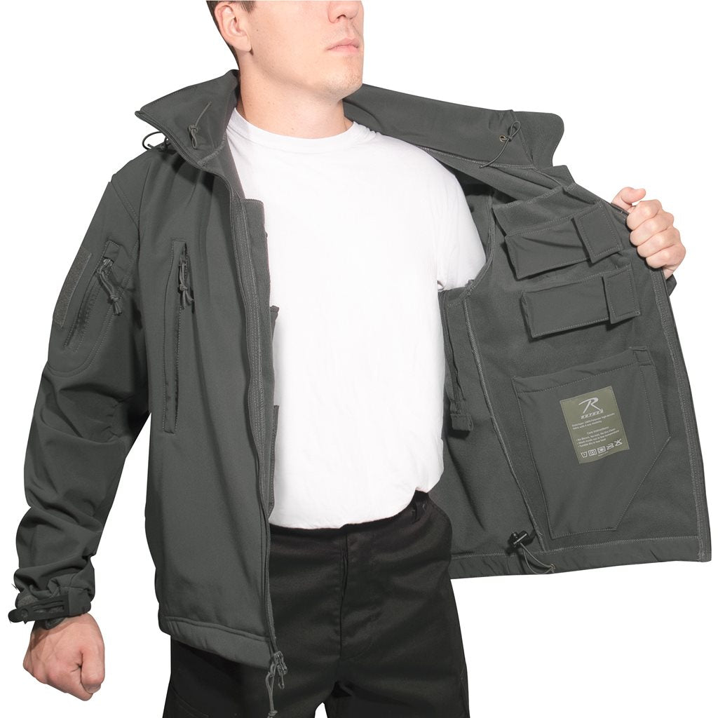 Chaqueta softshell CONCEALED CARRY gris con capucha y bolsillos, vista frontal