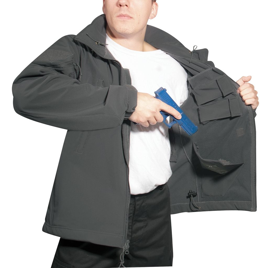 Chaqueta softshell CONCEALED CARRY gris con capucha y bolsillos, vista frontal