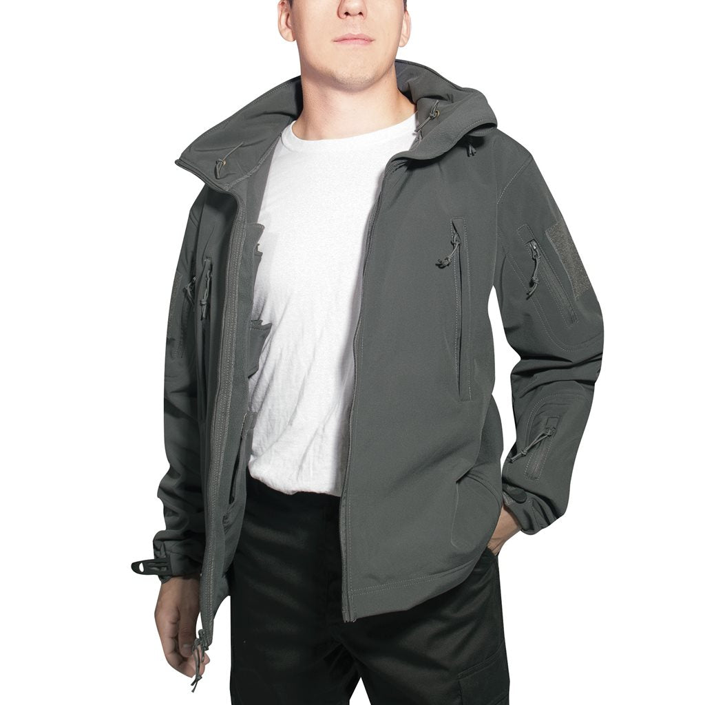 Chaqueta softshell CONCEALED CARRY gris con capucha y bolsillos, vista frontal