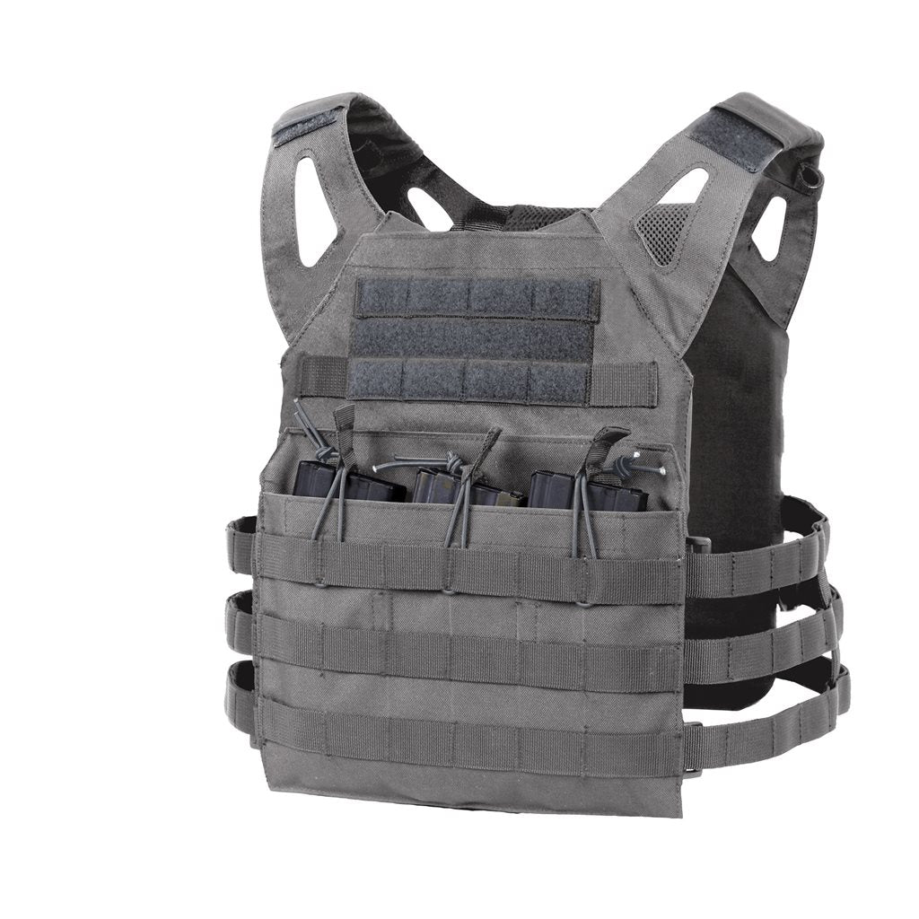 Chaleco MOLLE portaplacas ligero mostrado, sistema MOLLE y paneles para cargadores y placas balísticas