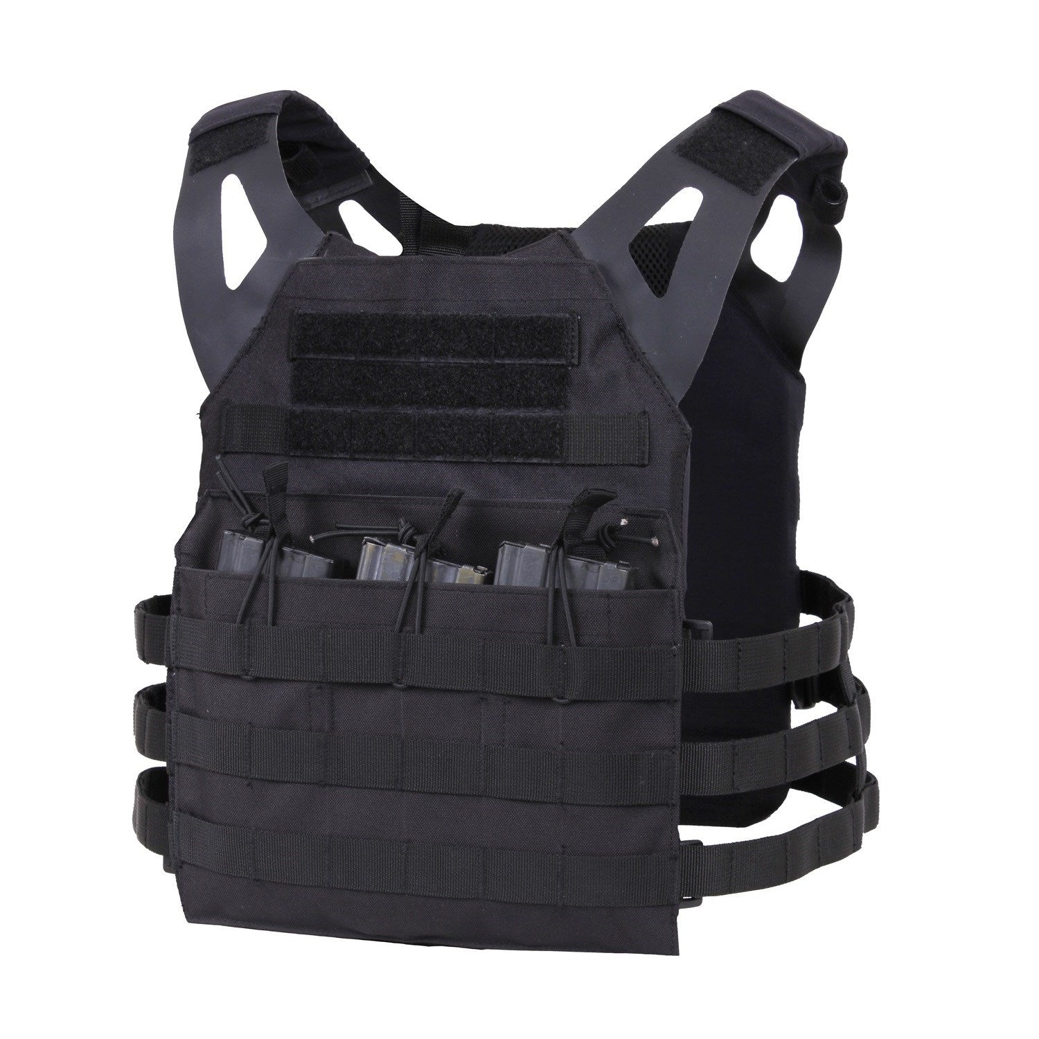 Chaleco MOLLE portaplacas ligero mostrado, sistema MOLLE y paneles para cargadores y placas balísticas