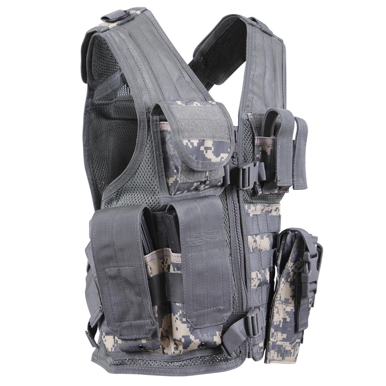Chaleco táctico infantil negro con sistema MOLLE, cremallera y hebillas fastex, poliéster