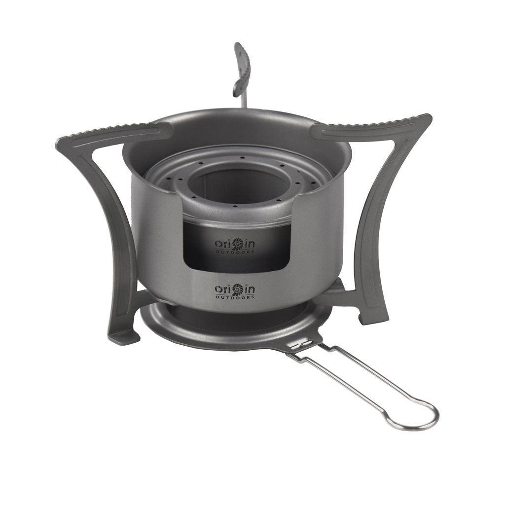 Hornillo OUTDOOR COMBO de titanio ultraligero, patas plegables, inserto extraíble — 106 g