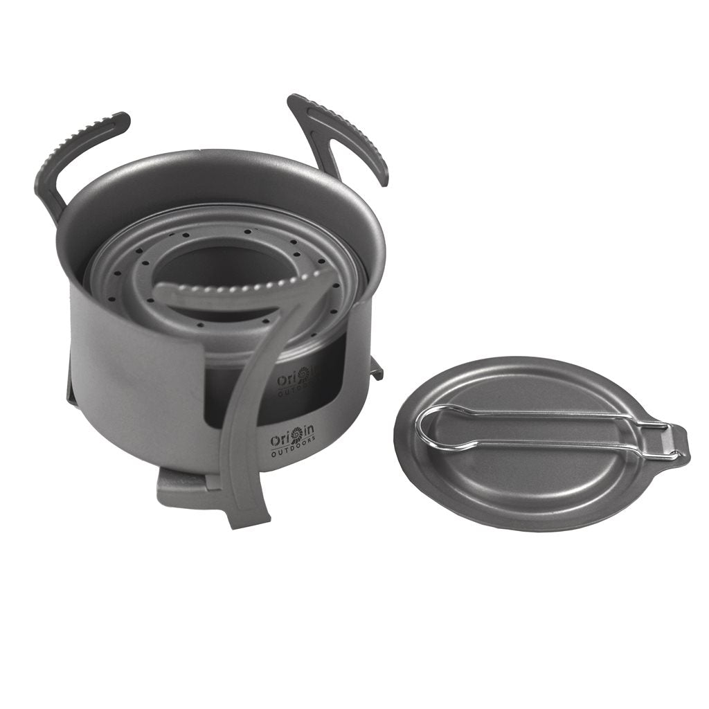 Hornillo OUTDOOR COMBO de titanio ultraligero, patas plegables, inserto extraíble — 106 g