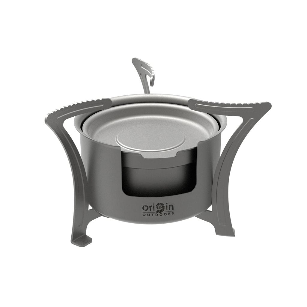 Hornillo OUTDOOR COMBO de titanio ultraligero, patas plegables, inserto extraíble — 106 g