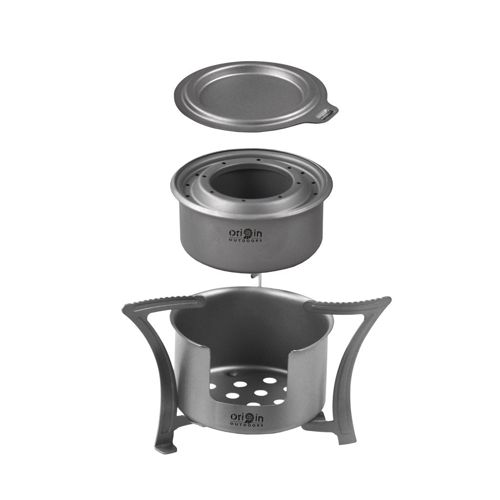 Hornillo OUTDOOR COMBO de titanio ultraligero, patas plegables, inserto extraíble — 106 g