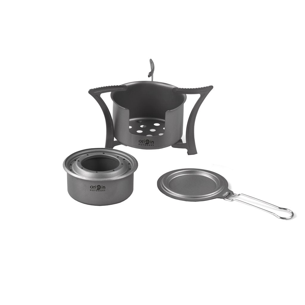 Hornillo OUTDOOR COMBO de titanio ultraligero, patas plegables, inserto extraíble — 106 g