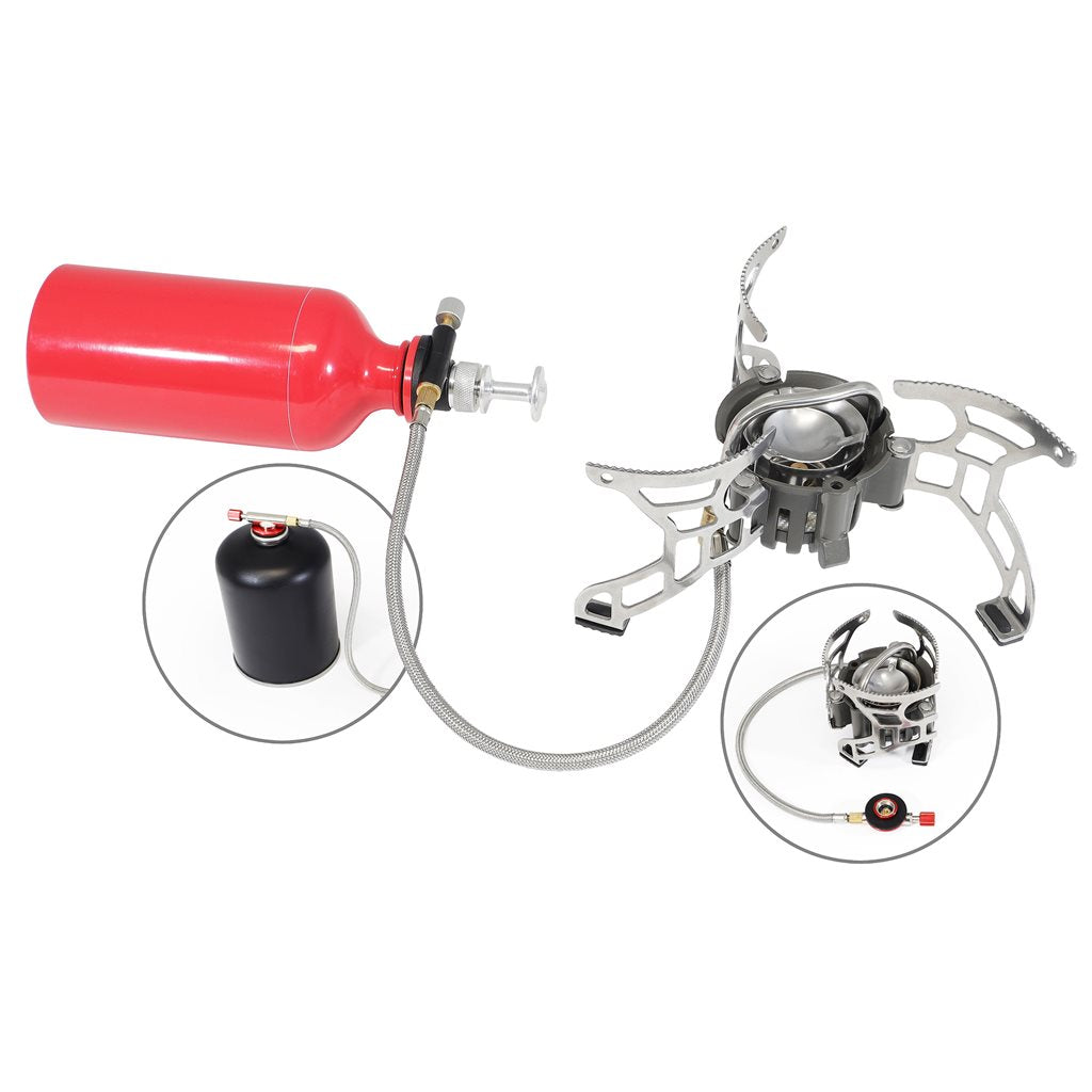 Hornillo RUGGED MULTIFUEL 3500 W en aluminio aleado con soporte plegable y válvula de latón