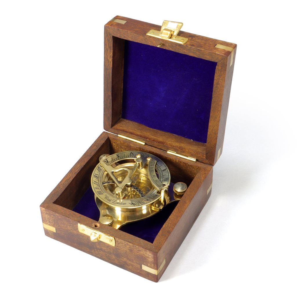 Brújula de latón SUNDIAL con reloj solar en caja de madera