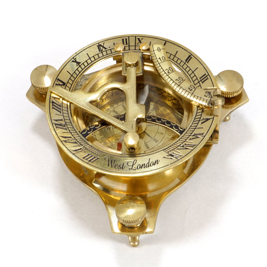 Brújula de latón SUNDIAL con reloj solar en caja de madera