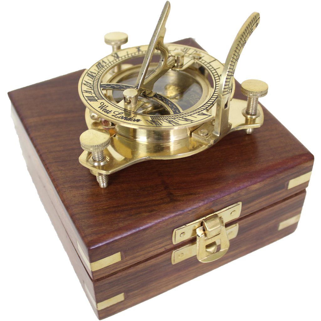 Brújula de latón SUNDIAL con reloj solar en caja de madera