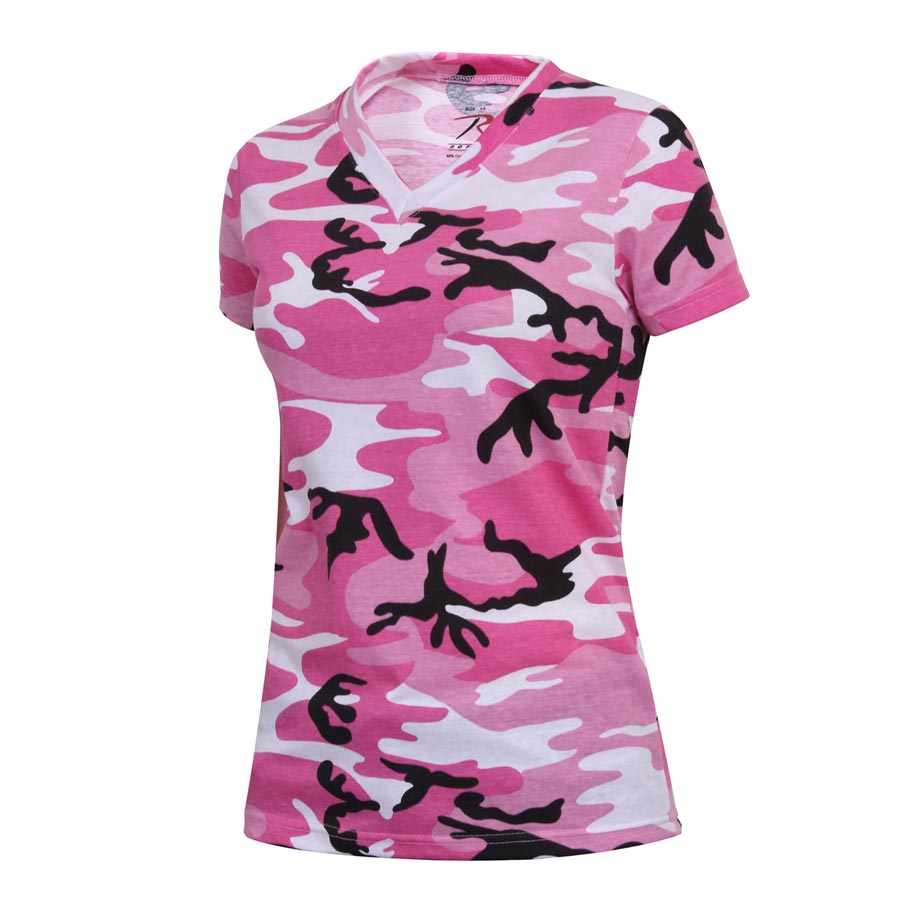 Camiseta mujer rosa camuflaje con escote en V y corte alargado