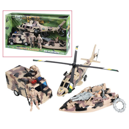 Set de juguetes WARRIOR con 3 figuras, barco, helicóptero y camión