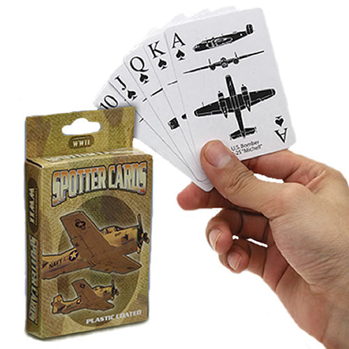 Pack de 54 cartas WWII Spotter con ilustraciones y nombres de aviones aliados y enemigos, plastificadas