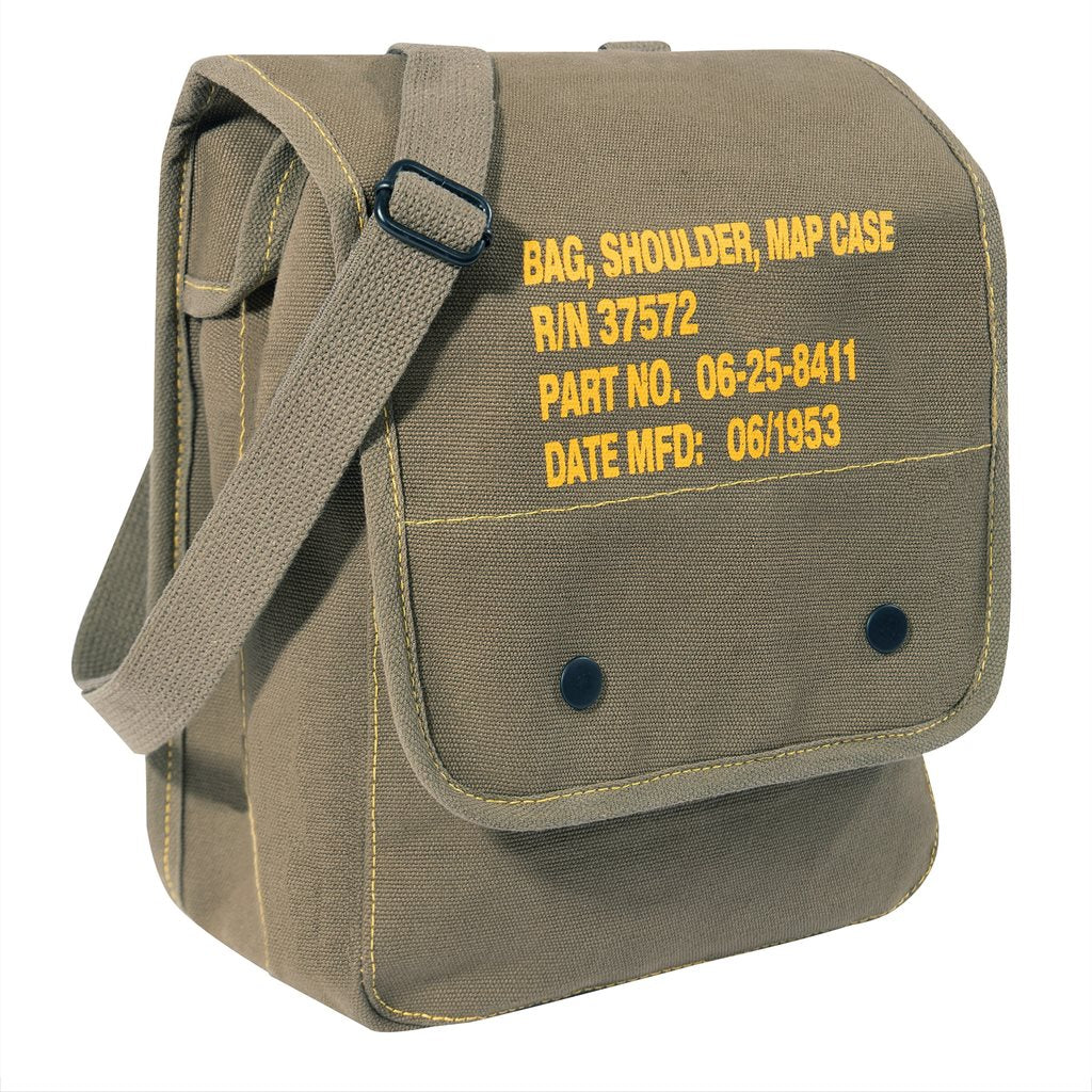 Bolso bandolera MAP CASE lona verde estilo militar vintage con correa ajustable y solapa con broches