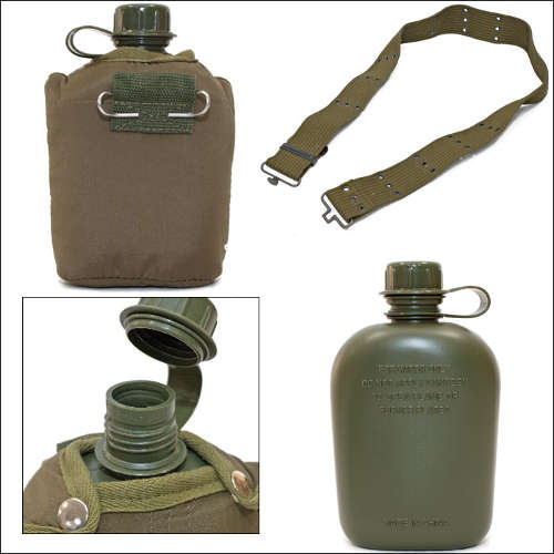 Cantimplora de plástico verde con funda y correa ajustable