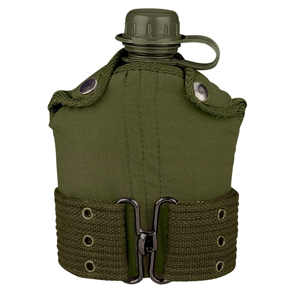 Cantimplora de plástico verde con funda y correa ajustable