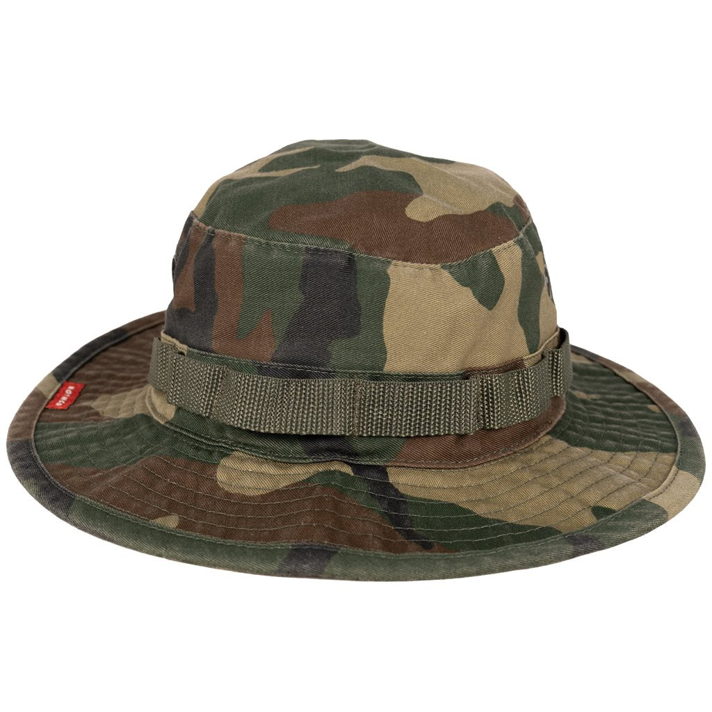 Sombrero Boonie Vintage Woodland Rothco con 4 orificios de ventilación con rejilla, cordón con tope de cuero y anillas para camuflaje