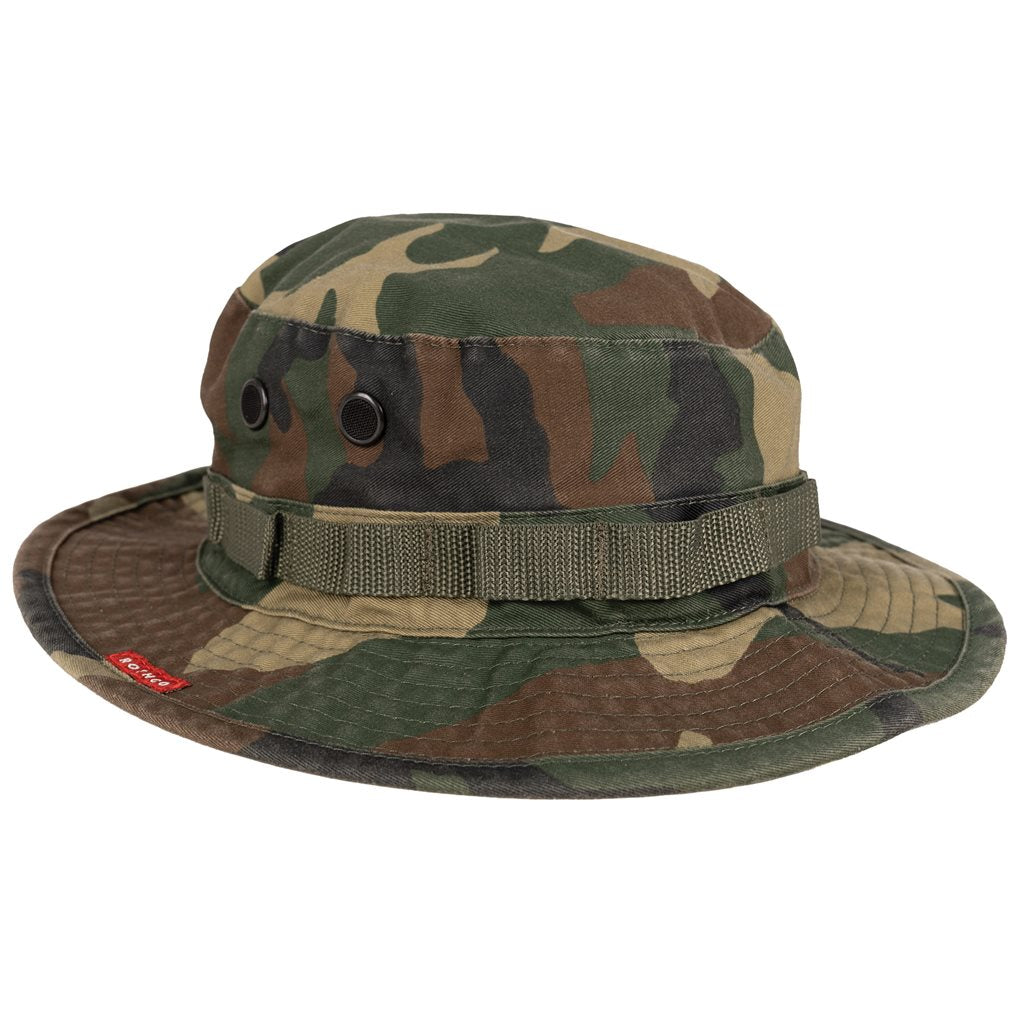 Sombrero Boonie Vintage Woodland Rothco con 4 orificios de ventilación con rejilla, cordón con tope de cuero y anillas para camuflaje