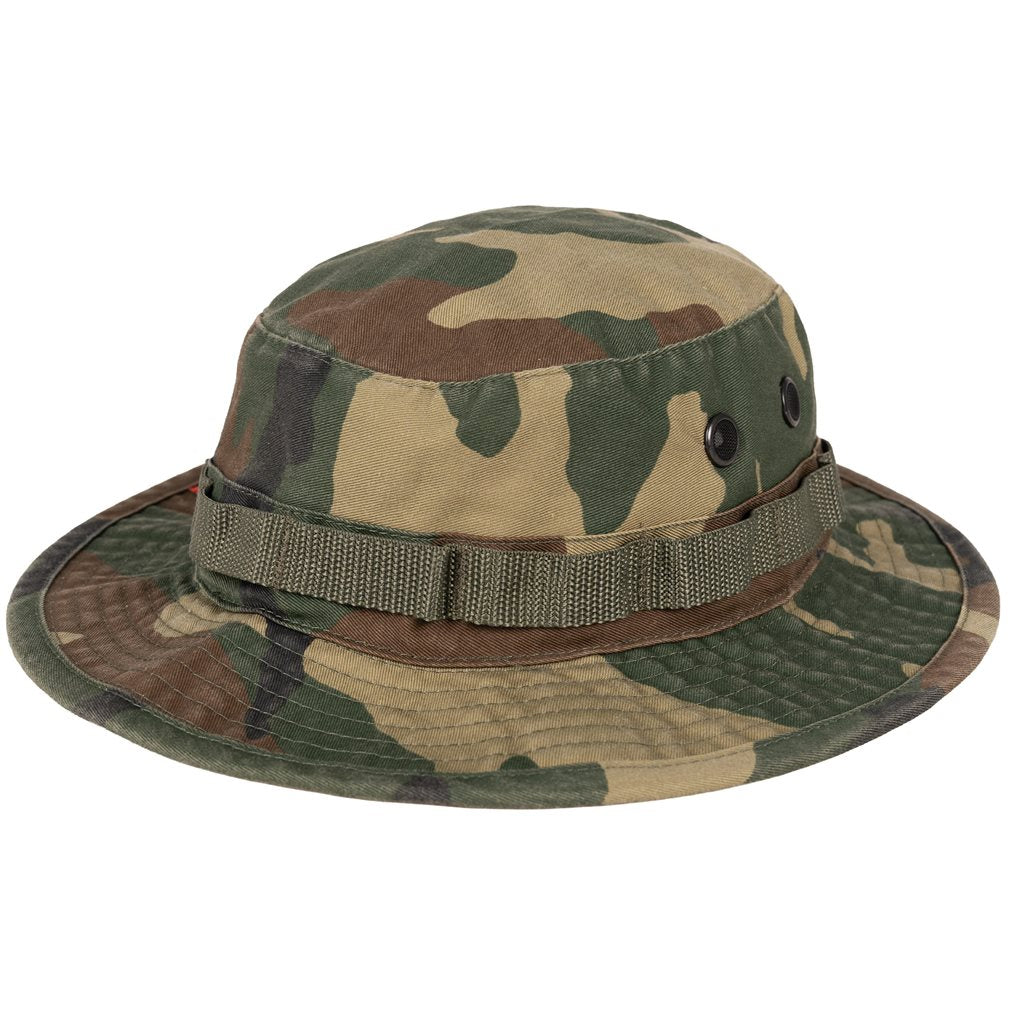 Sombrero Boonie Vintage Woodland Rothco con 4 orificios de ventilación con rejilla, cordón con tope de cuero y anillas para camuflaje