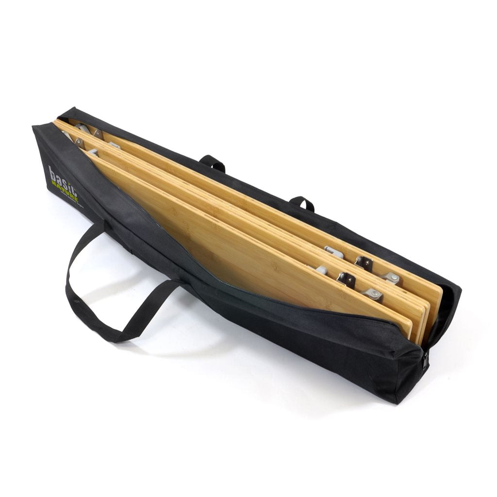 Mesa de camping plegable de bambú BAMBUS con patas ajustables para nivelar terrenos irregulares