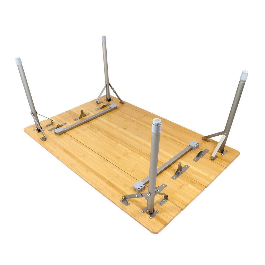Mesa de camping plegable de bambú BAMBUS con patas ajustables para nivelar terrenos irregulares