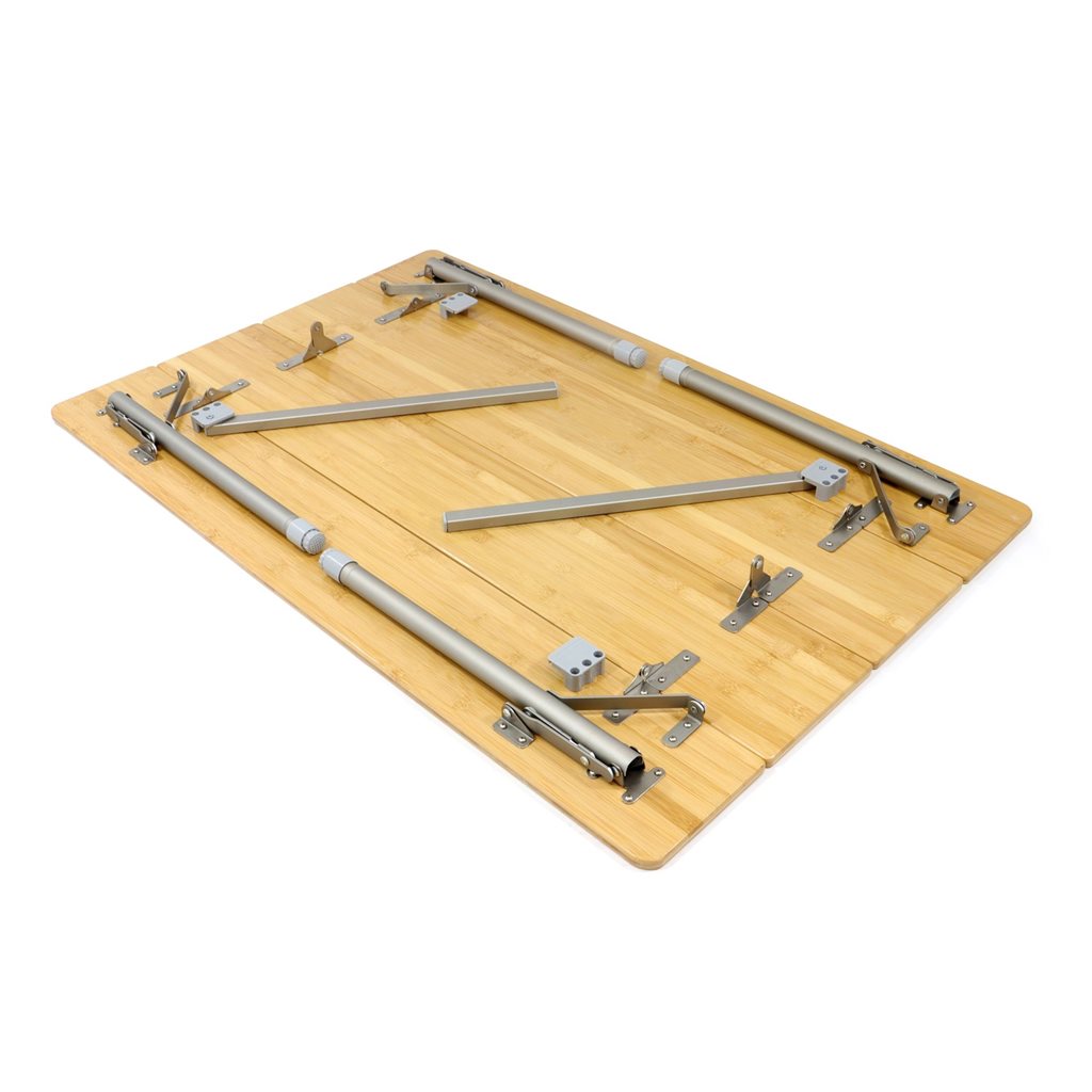 Mesa de camping plegable de bambú BAMBUS con patas ajustables para nivelar terrenos irregulares