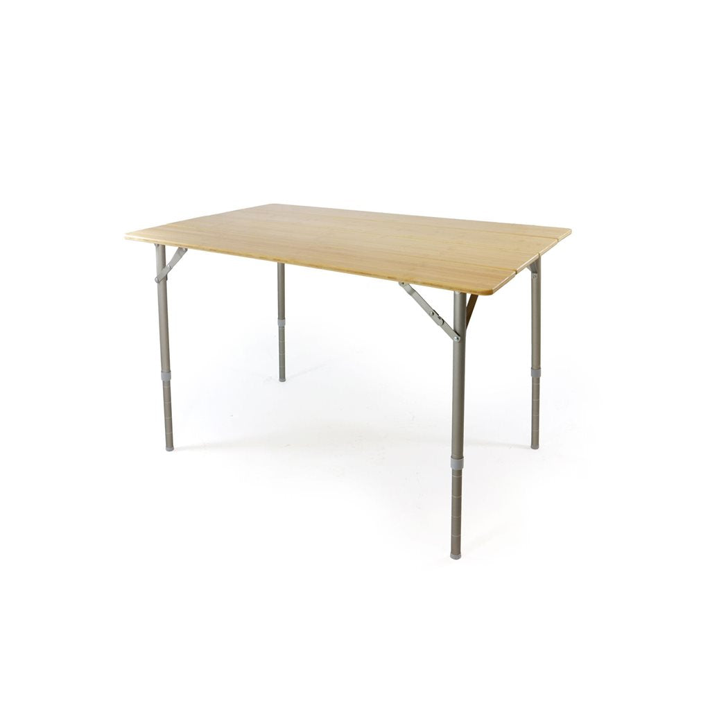 Mesa de camping plegable de bambú BAMBUS con patas ajustables para nivelar terrenos irregulares