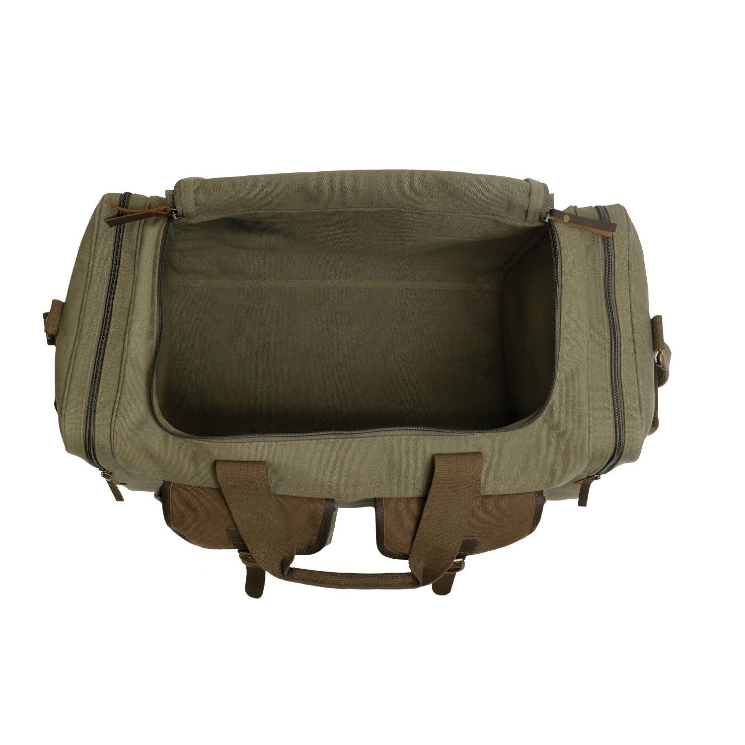Bolsa de viaje LONG JOURNEY lona verde con detalles de cuero y latón