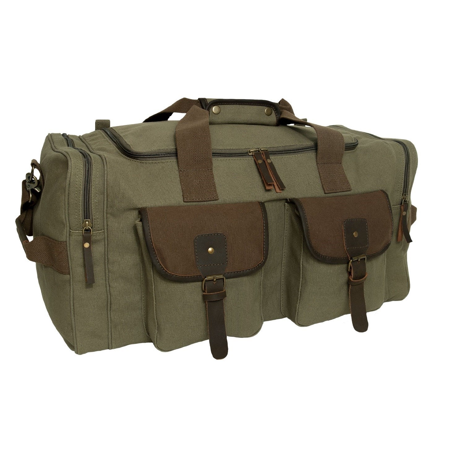 Bolsa de viaje LONG JOURNEY lona verde con detalles de cuero y latón